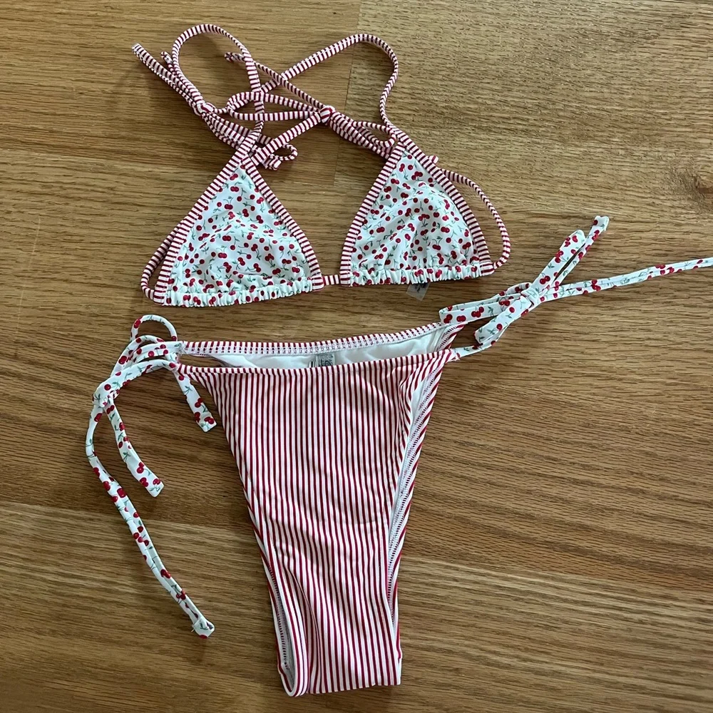 Frankie's Bikinis Red and White Striped & Cherry Print Triangle Bikini